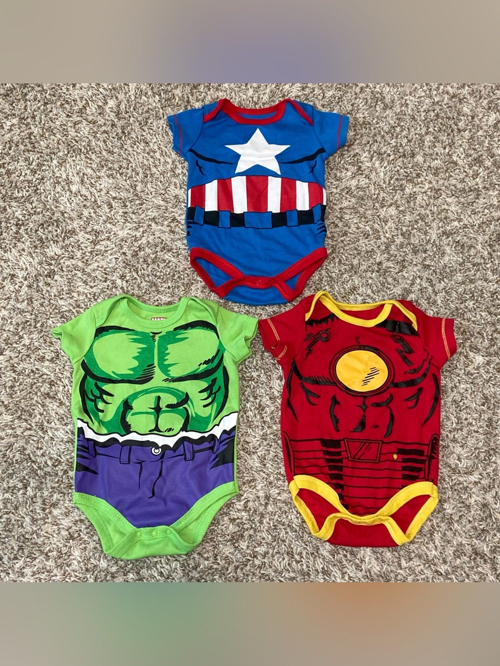 MARVEL Avengers Captain America Hulk Iron Man Baby One Piece Bodysuits Size 3-6M